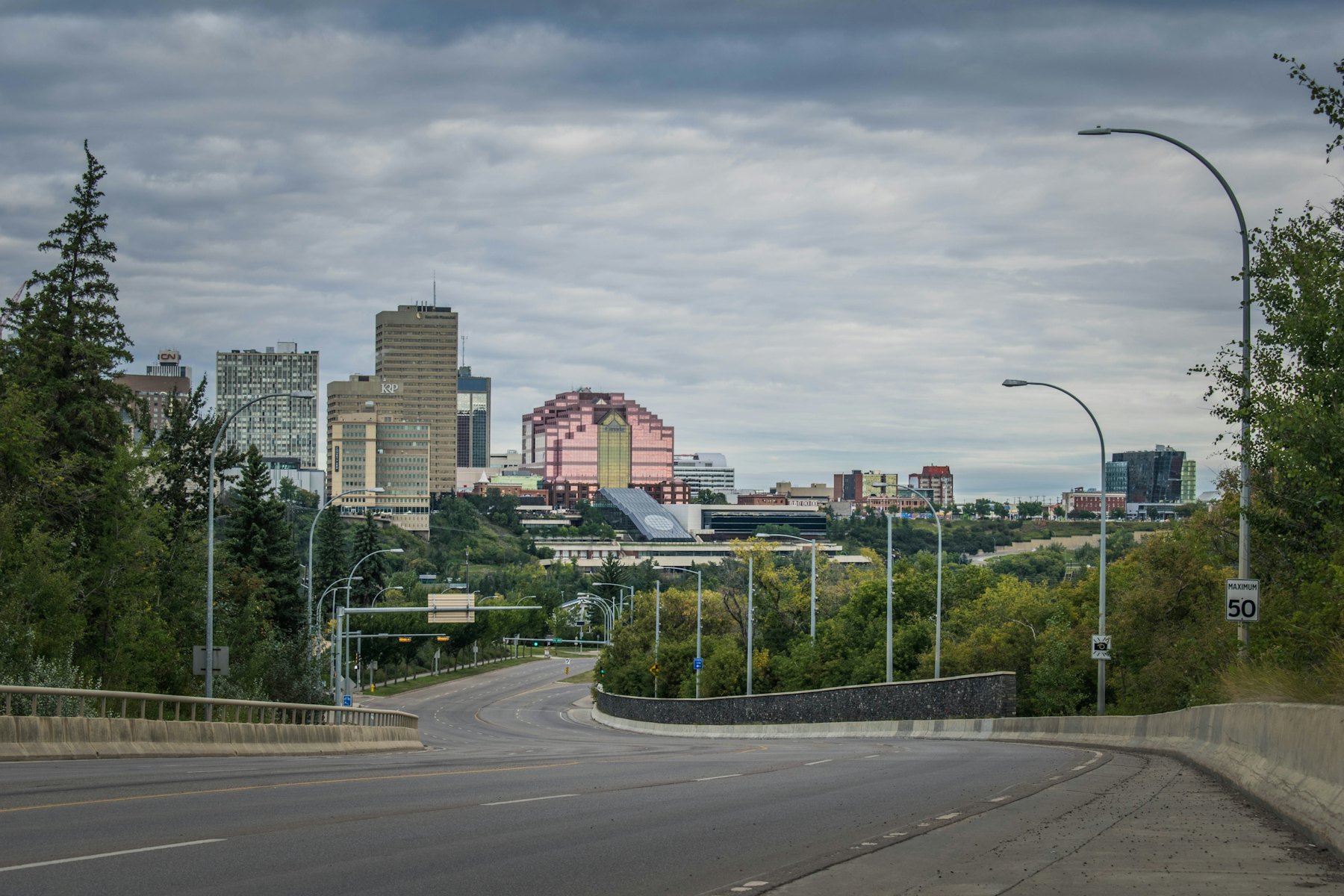 Road through the river valley towards downtown Edmonton