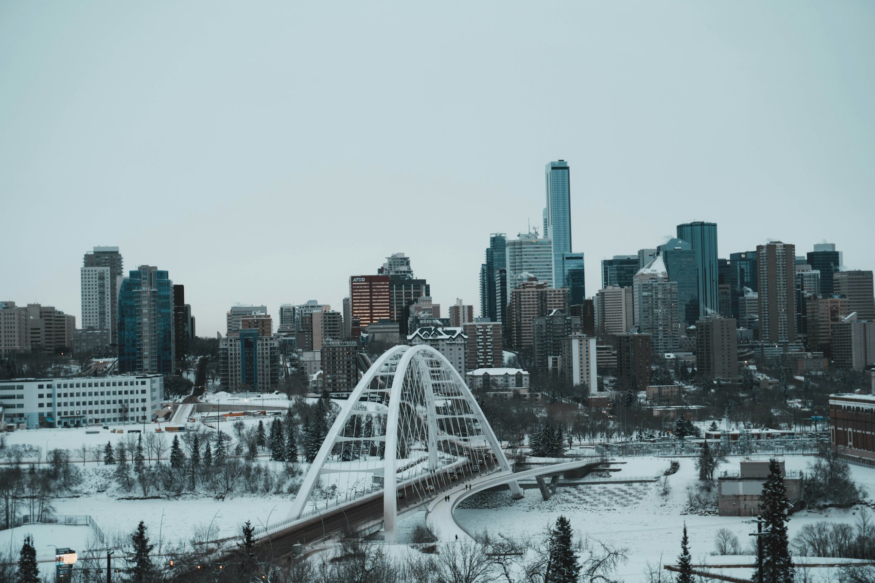 Walterdale Bridge and downtown Edmonton in winter
